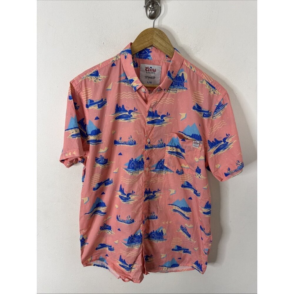 Coors Light x Team LTD Shirt Mens L‎ Cabin Canoe Beer Print Cotton